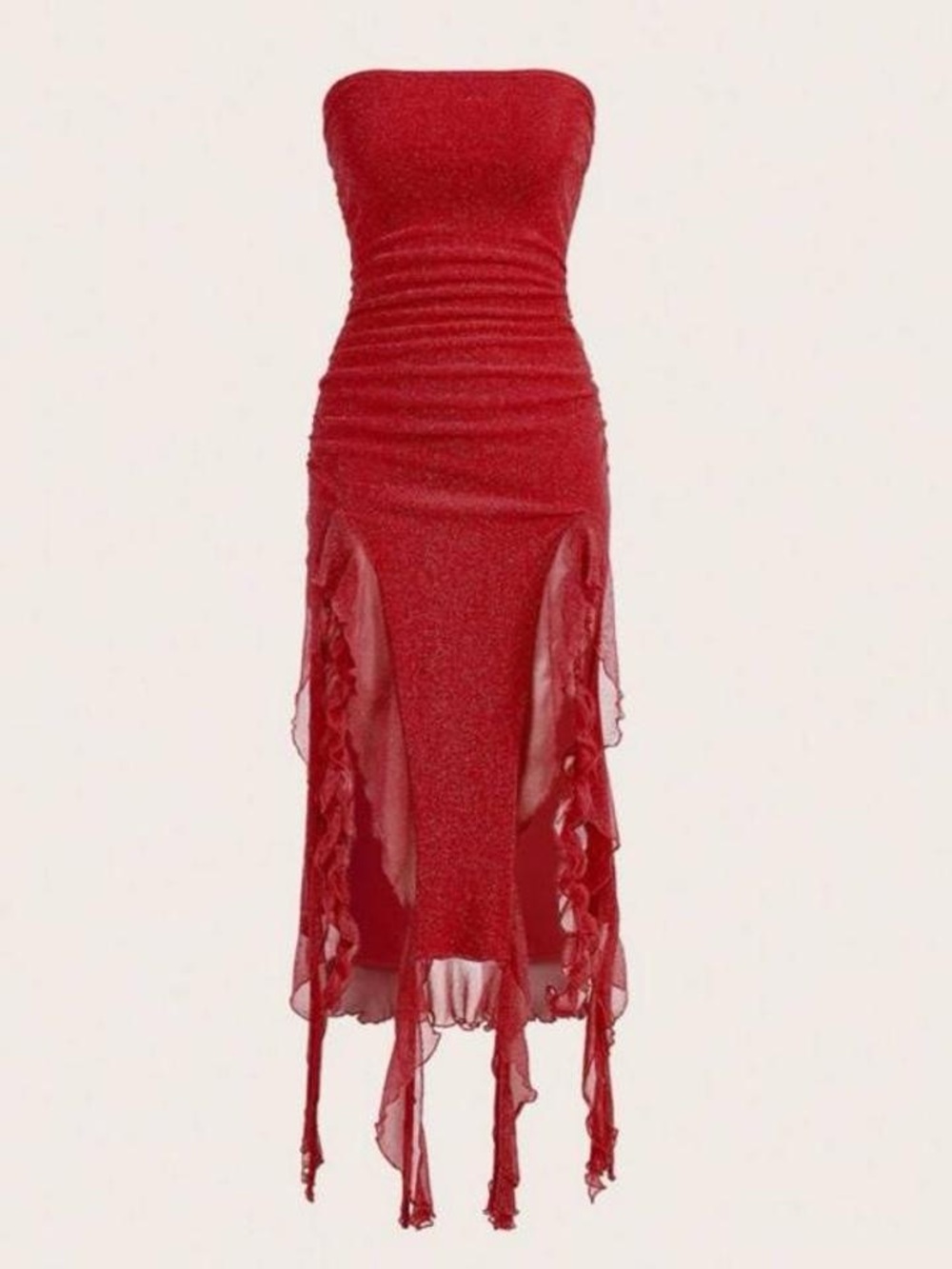 Strapless Red Ruched Mesh-Trim Midi Dress
